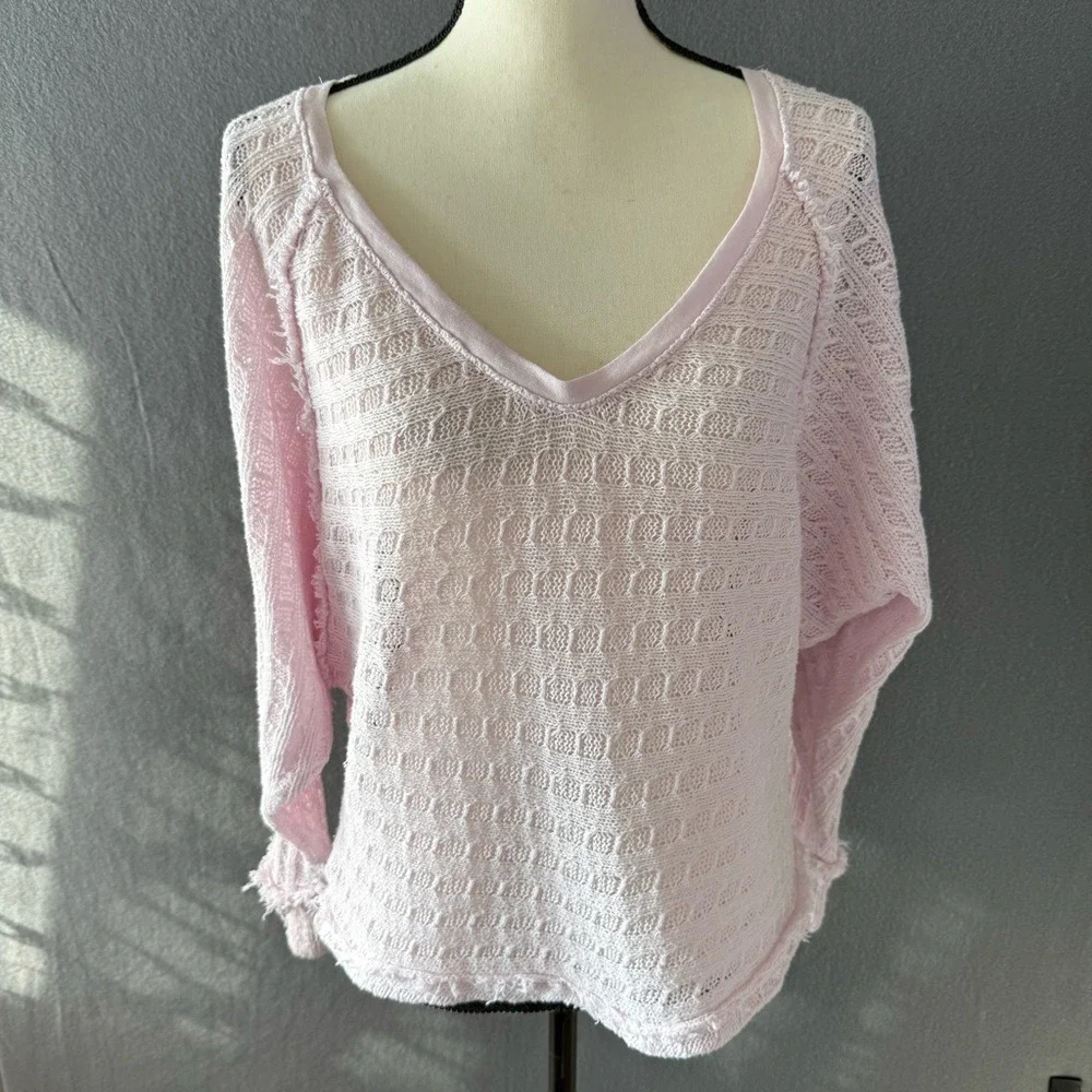 We The Free Free People Pink Waffle Knit Dolman Sweater Raw Hem Boho Extra Small